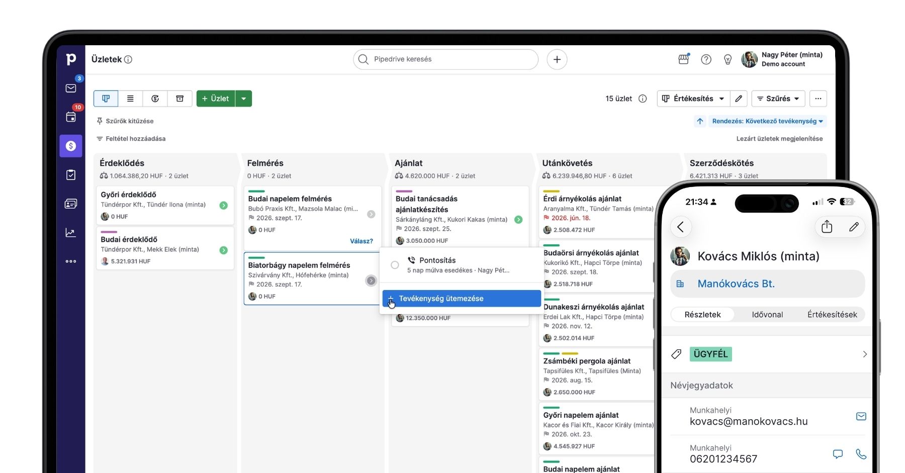 Pipedrive CRM rendszer magyar nyelvű pipeline nézete asztali és mobil felületen