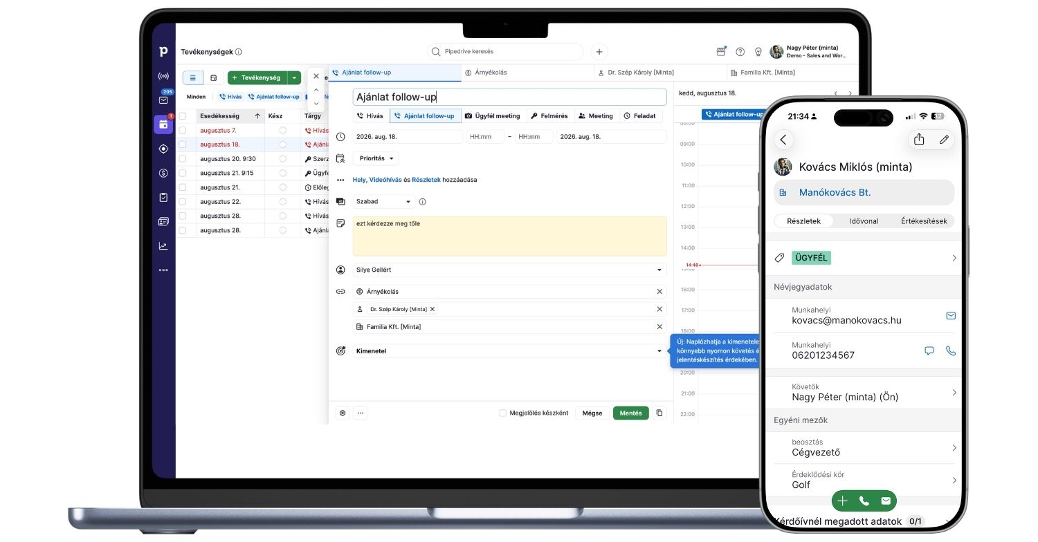 CRM rendszer felülete laptopon és mobilon: sales pipeline és ajánlat-utánkövetés