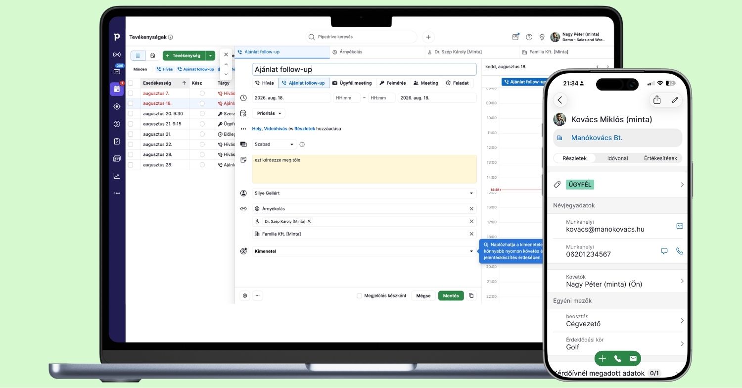 CRM rendszer feladatkezelője: tevékenység szerkesztése asztali gépen és mobil appon