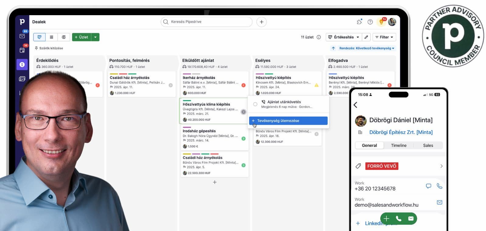 Csősz András és a Pipedrive sales CRM felülete asztali gépen és mobilon