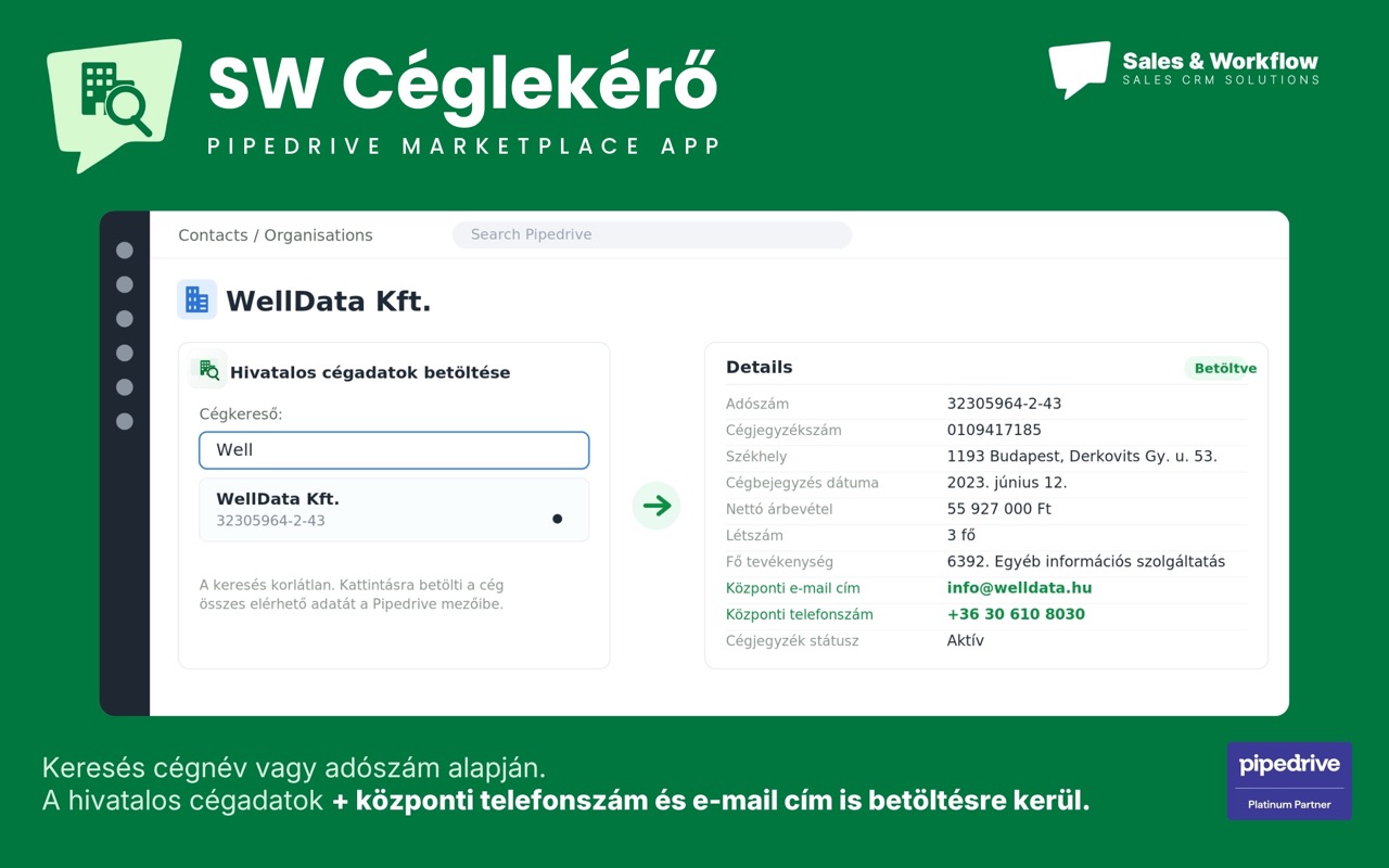 SW Céglekérő: magyar cégadatok betöltése a Pipedrive szervezet-adatlapjára cégnév vagy adószám alapján