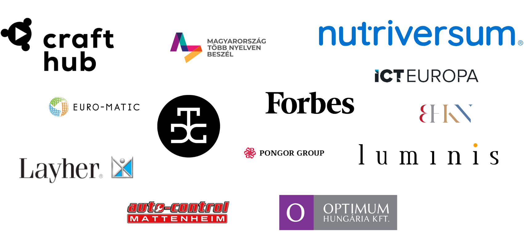 Ügyfeleink logói: CraftHub, Nutriversum, ICT Európa, Forbes, Layher, Pongor Group, Luminis, Optimum Hungaria és mások