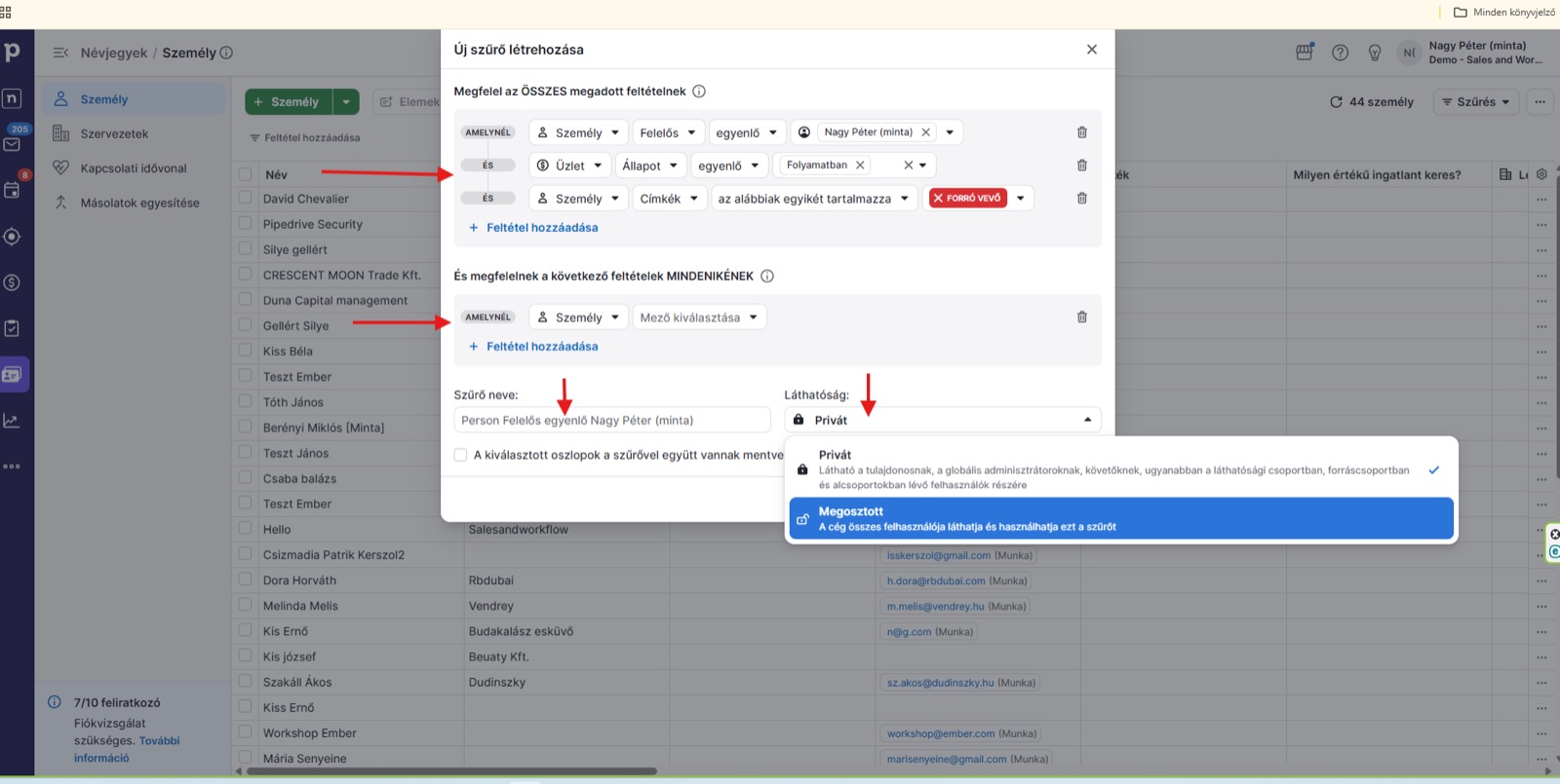 Szűrőfeltételek megadása a Pipedrive-ban