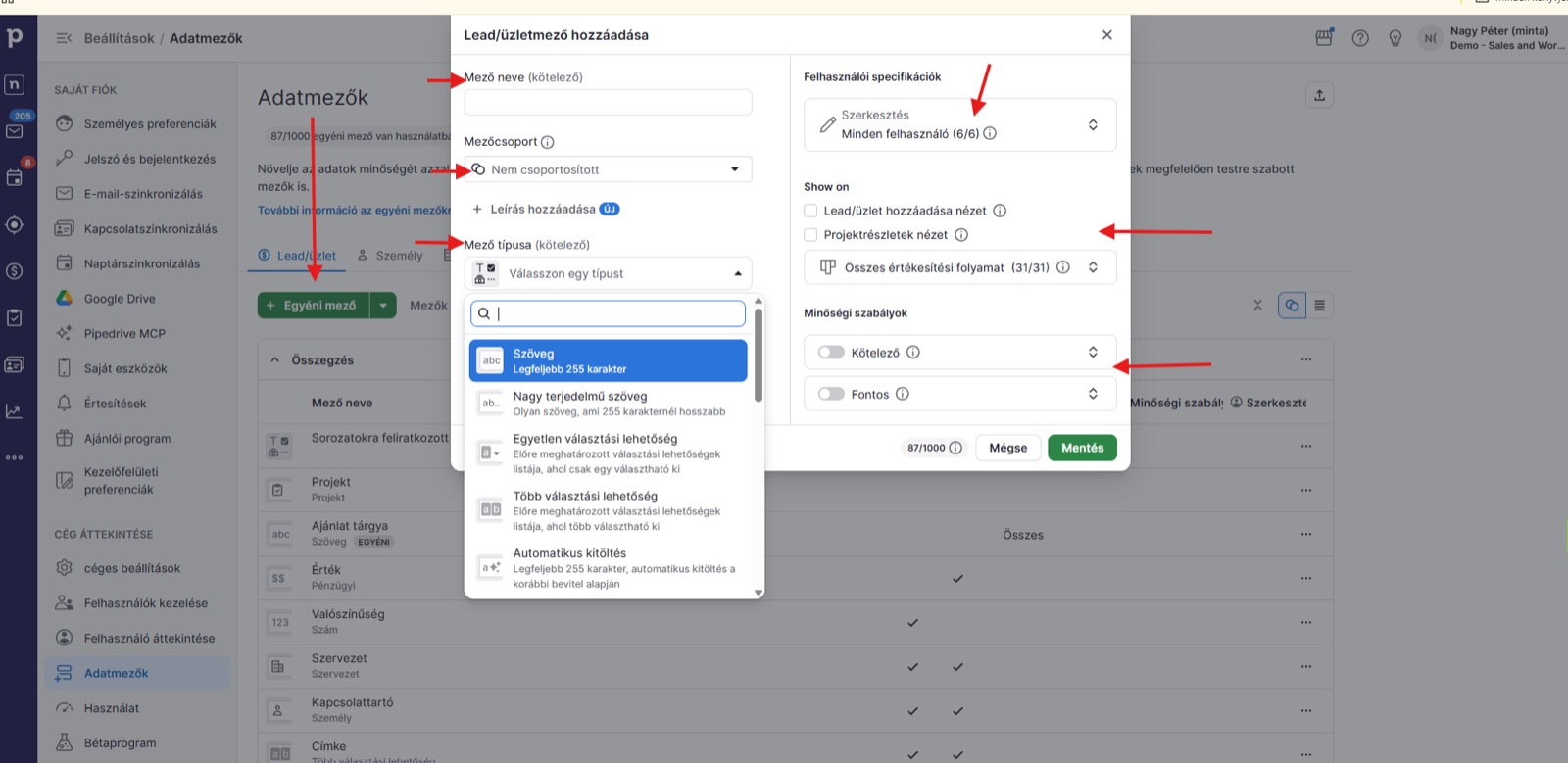 Új egyedi mező létrehozása a Pipedrive-ban