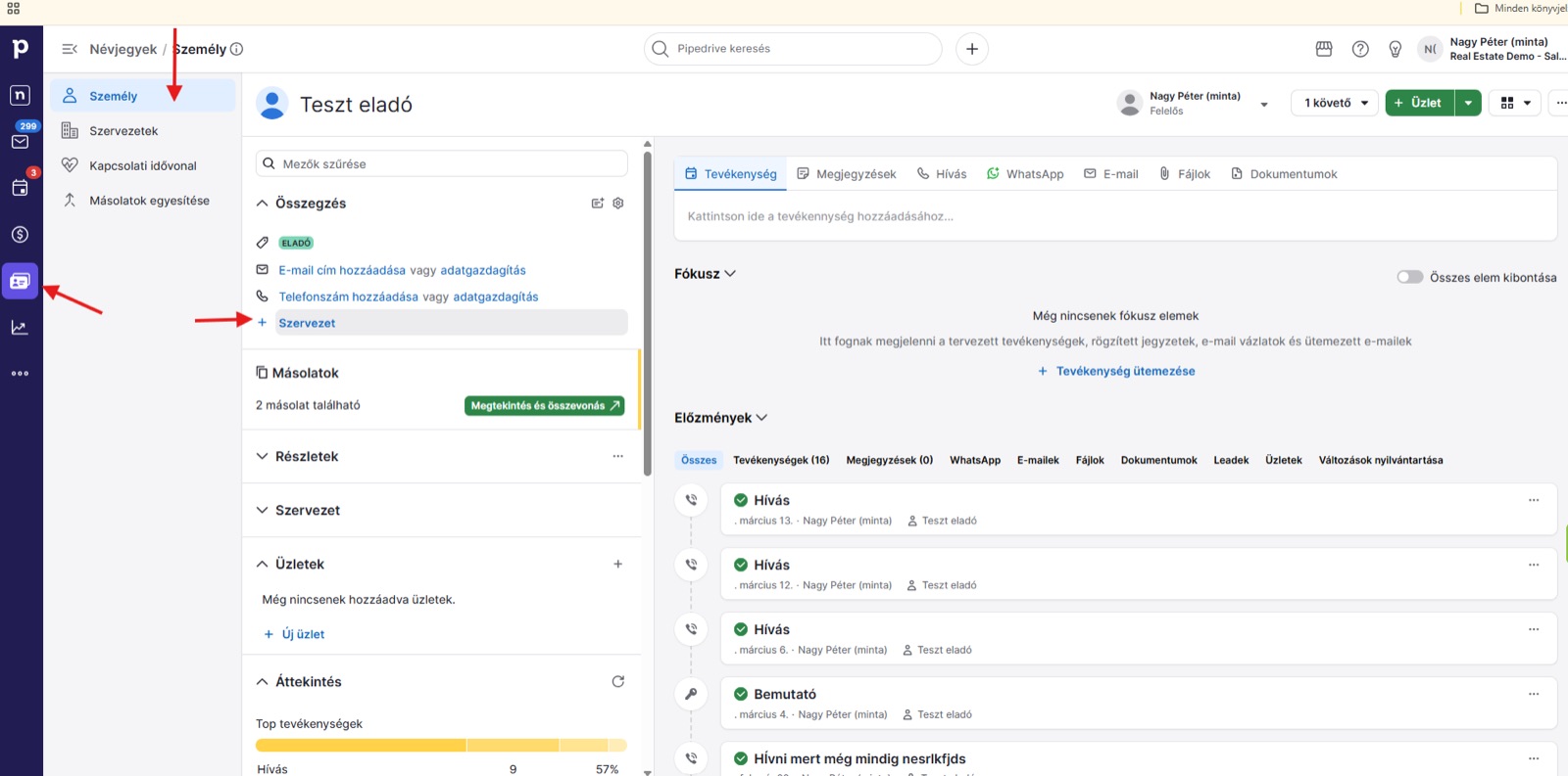 Személy összekapcsolása egy szervezettel a Pipedrive-ban