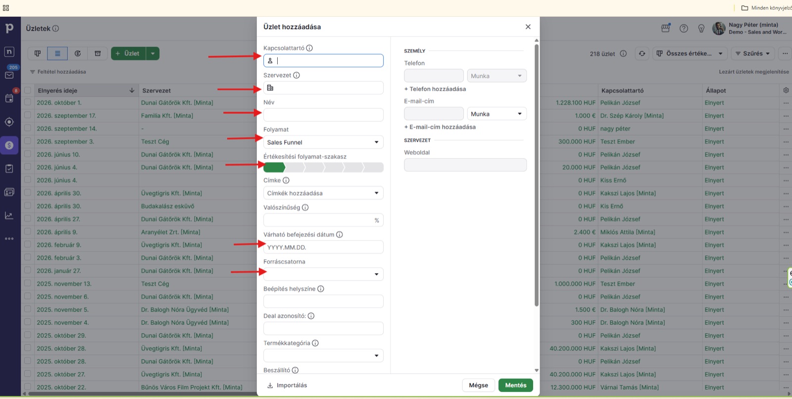 Az új üzlet űrlapja a Pipedrive-ban