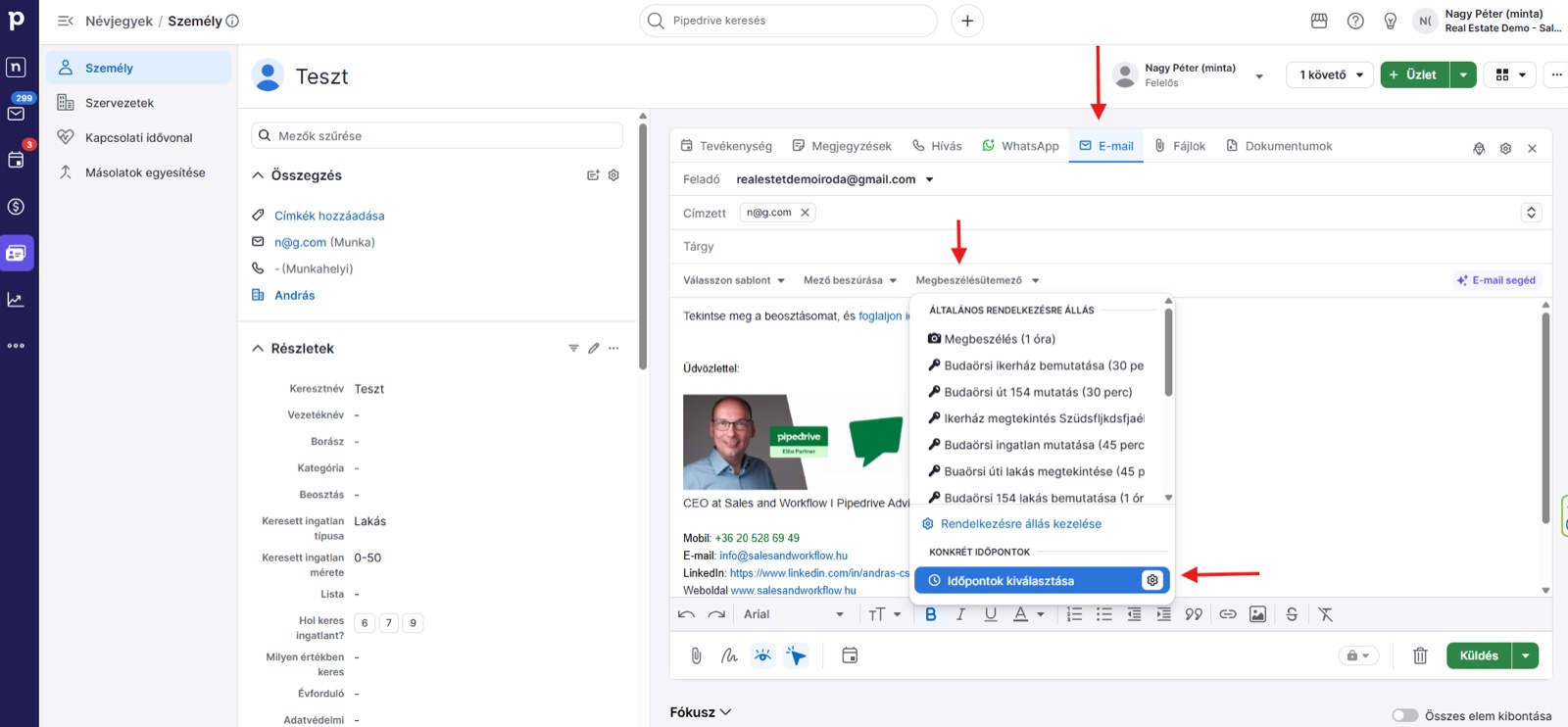A Pipedrive Meeting Scheduler időpontfoglaló beállítása