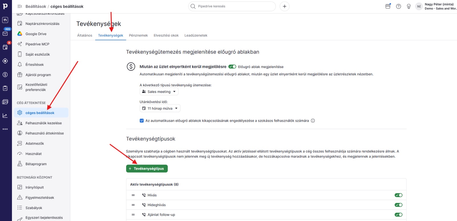 A Tevékenységtípusok beállítási képernyő a Pipedrive-ban
