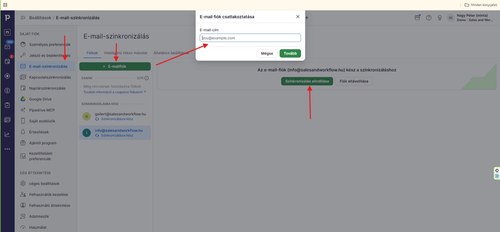 E-mail szinkronizáció beállítása a Pipedrive-ban