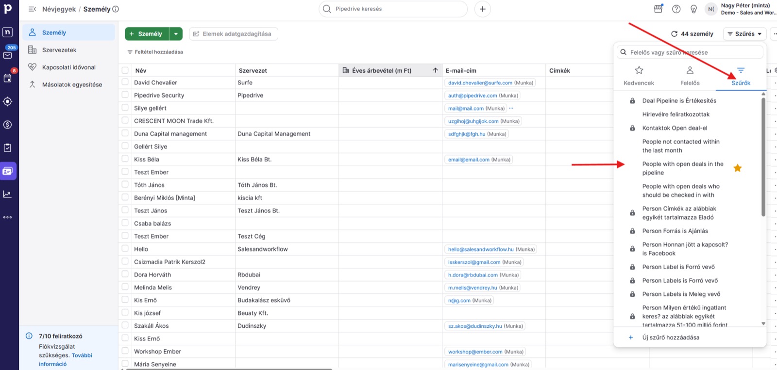 Mentett szűrők listája a Pipedrive-ban