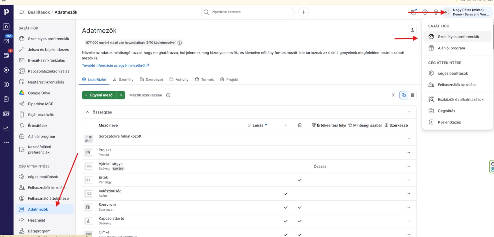 Az Adatmezők beállítási képernyő a Pipedrive-ban