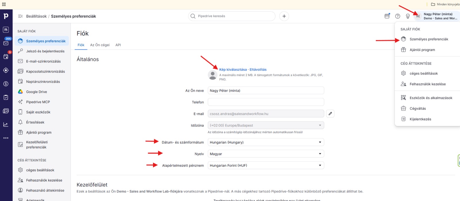 A Pipedrive személyes beállításai: nyelv, dátum- és számformátum, pénznem