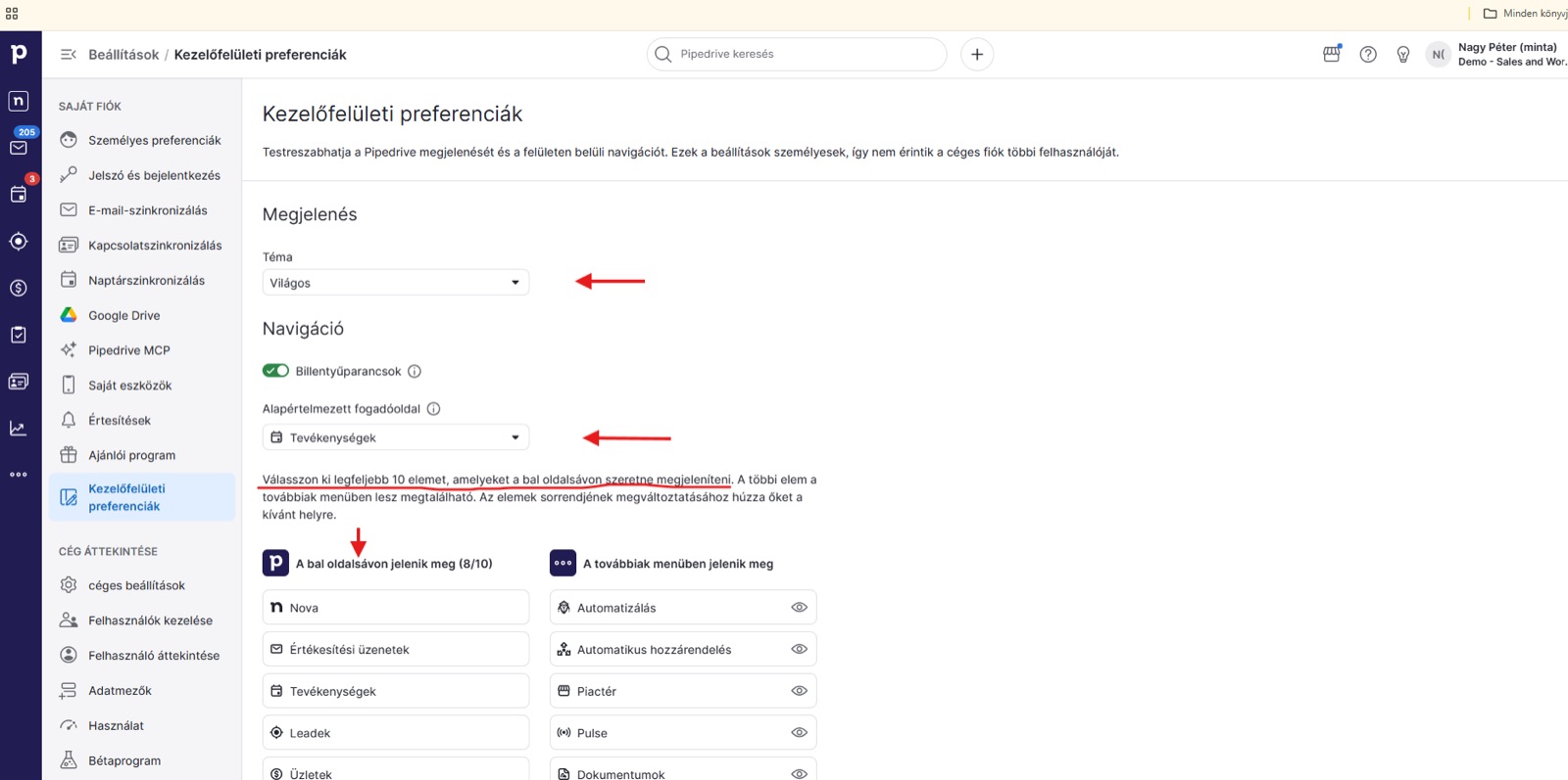 A Pipedrive kezelőfelületi beállításai