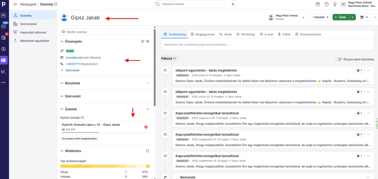 Egy személy adatlapja a Pipedrive-ban
