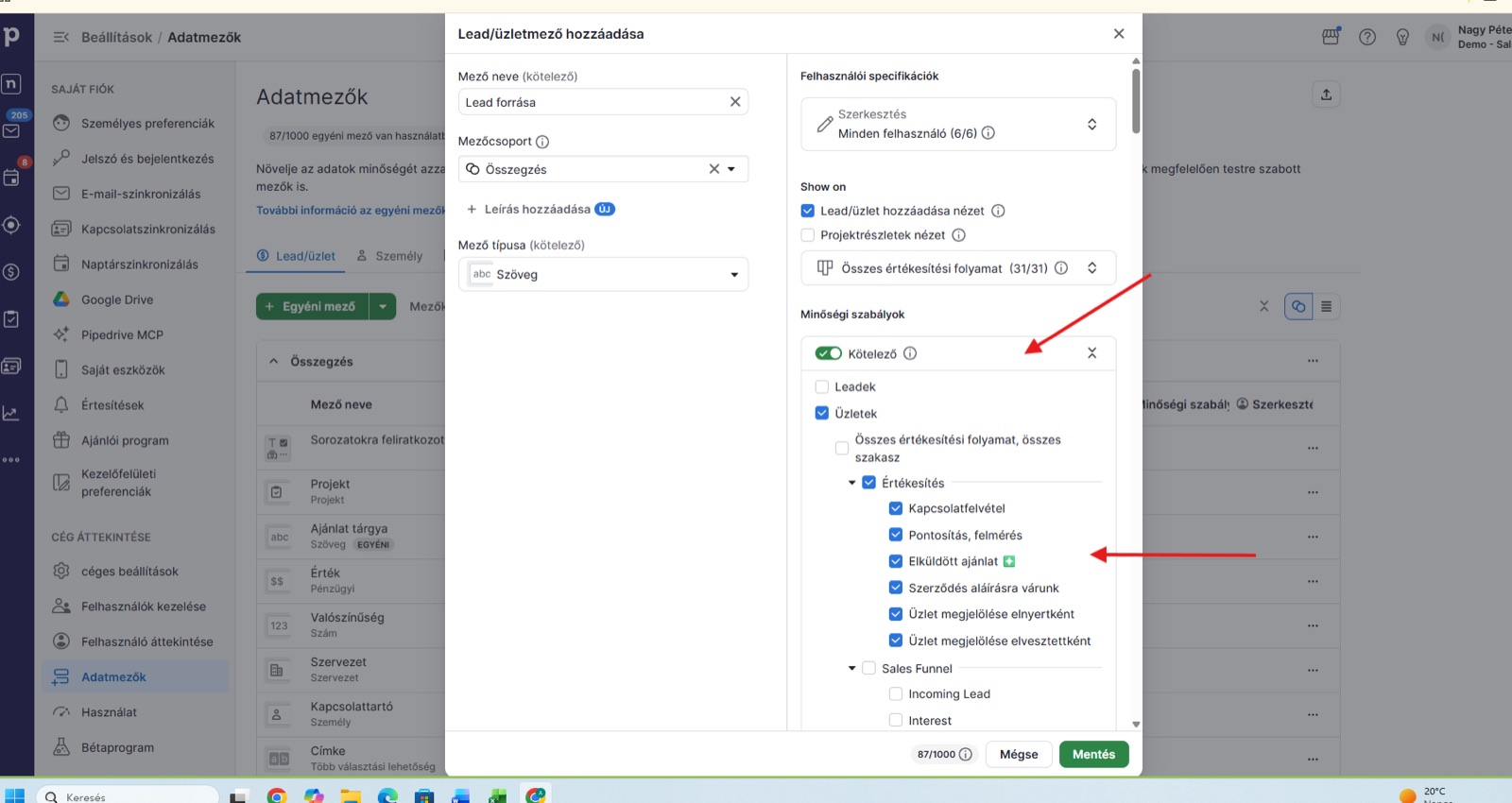 Kötelező mező beállítása a Pipedrive-ban