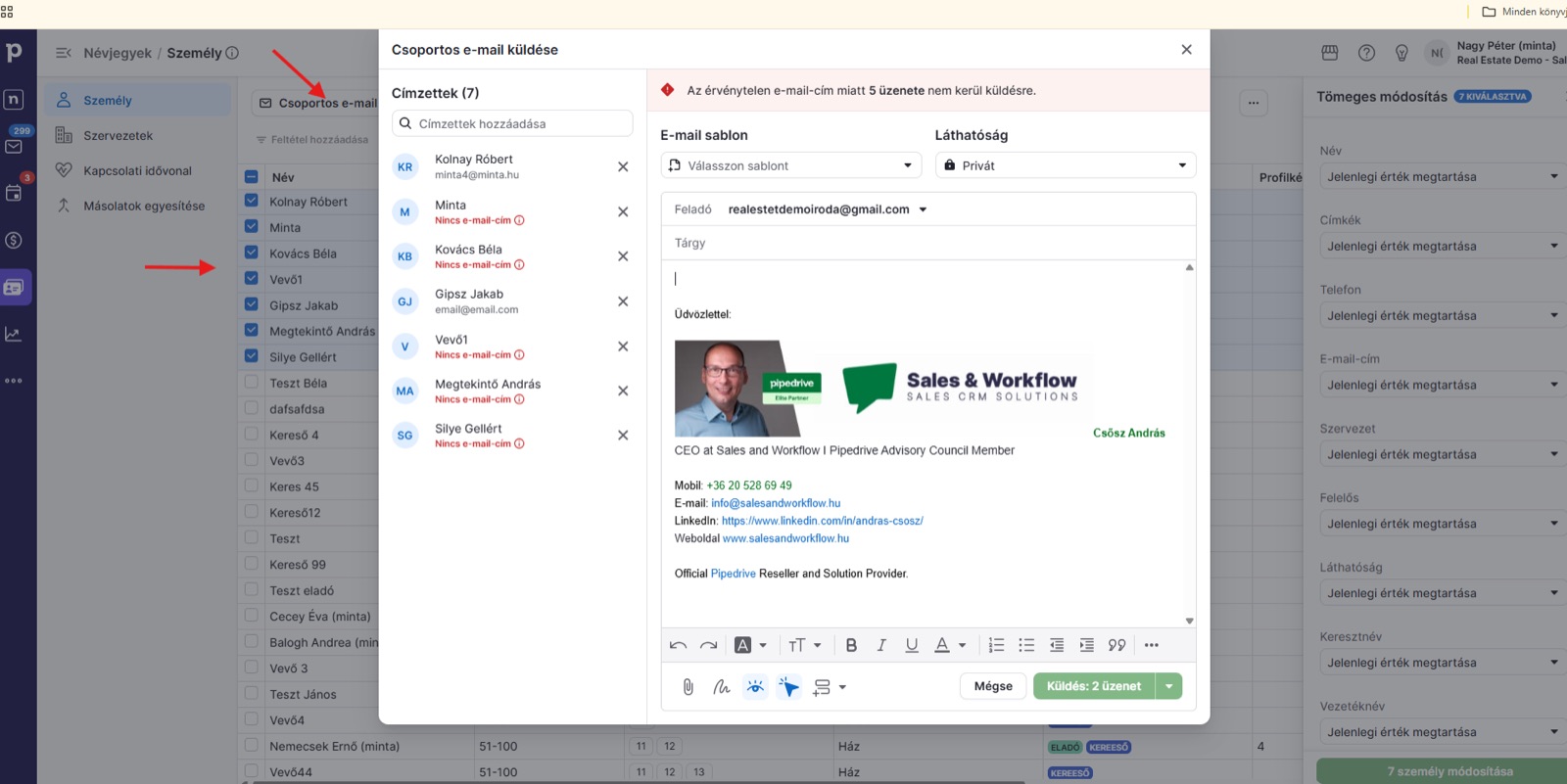 Csoportos e-mail küldése a Pipedrive-ból