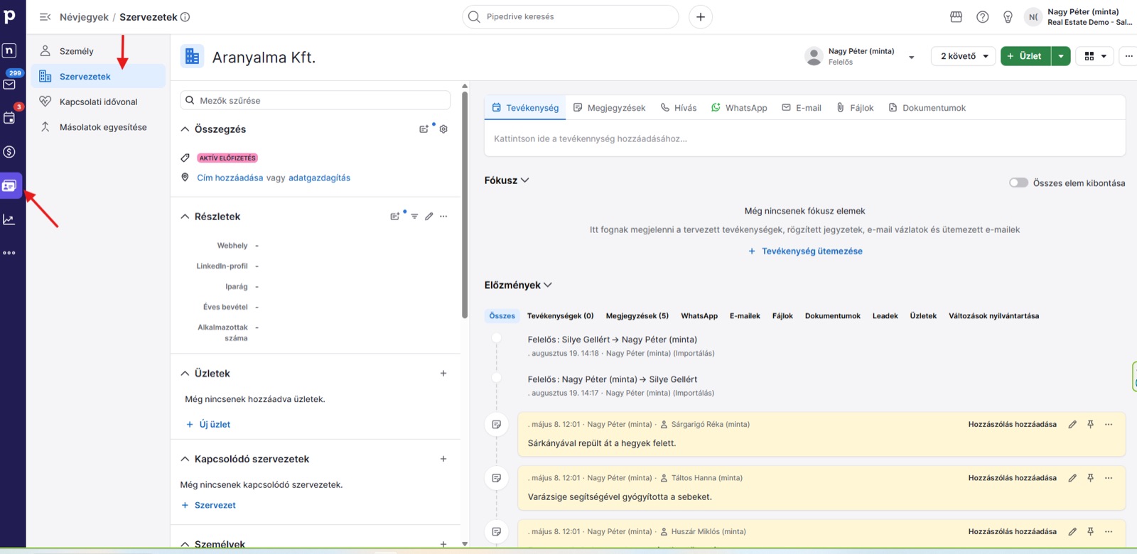 Egy szervezet adatlapja a Pipedrive-ban