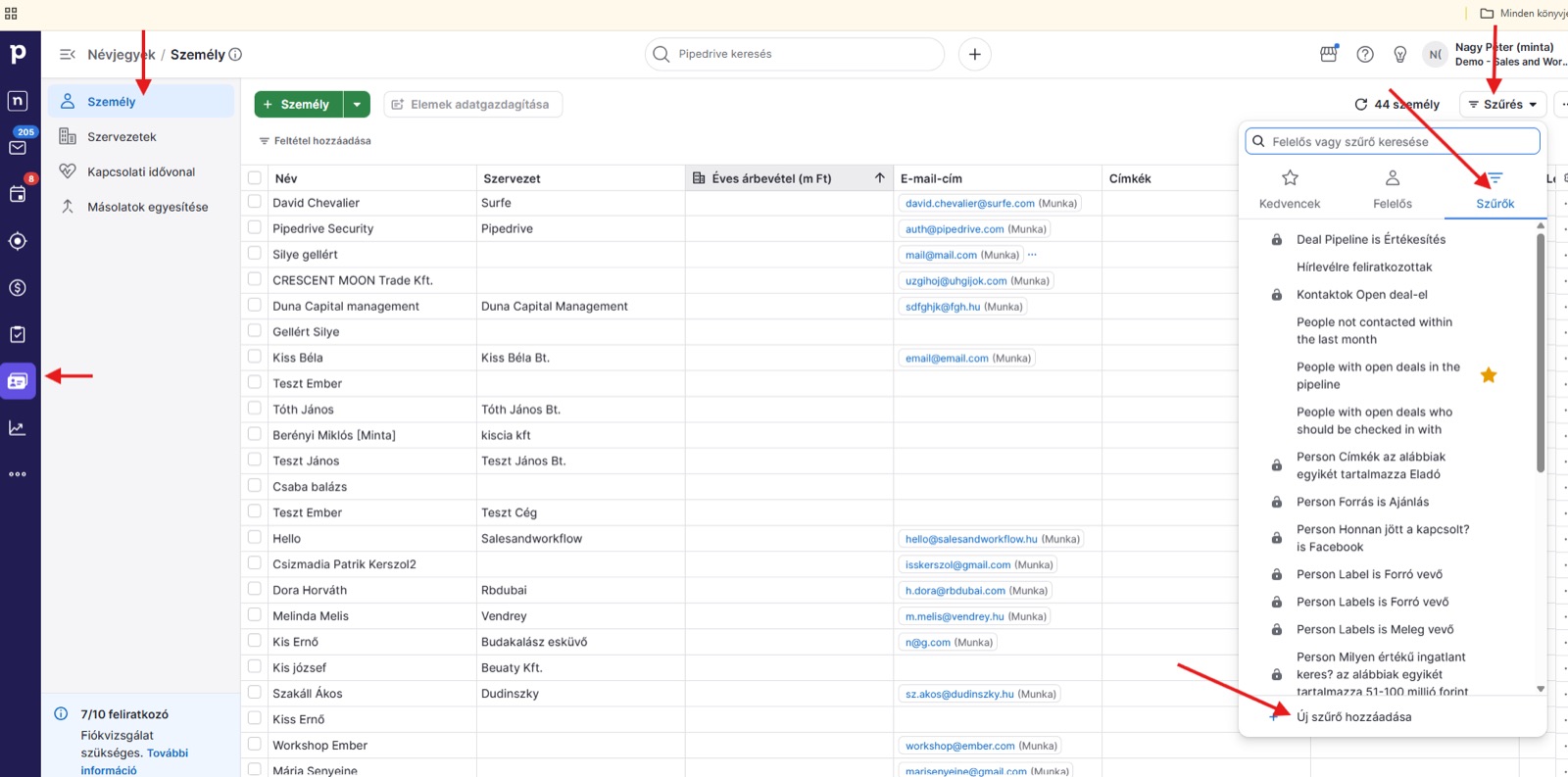 Új szűrő létrehozása a Pipedrive listanézetében