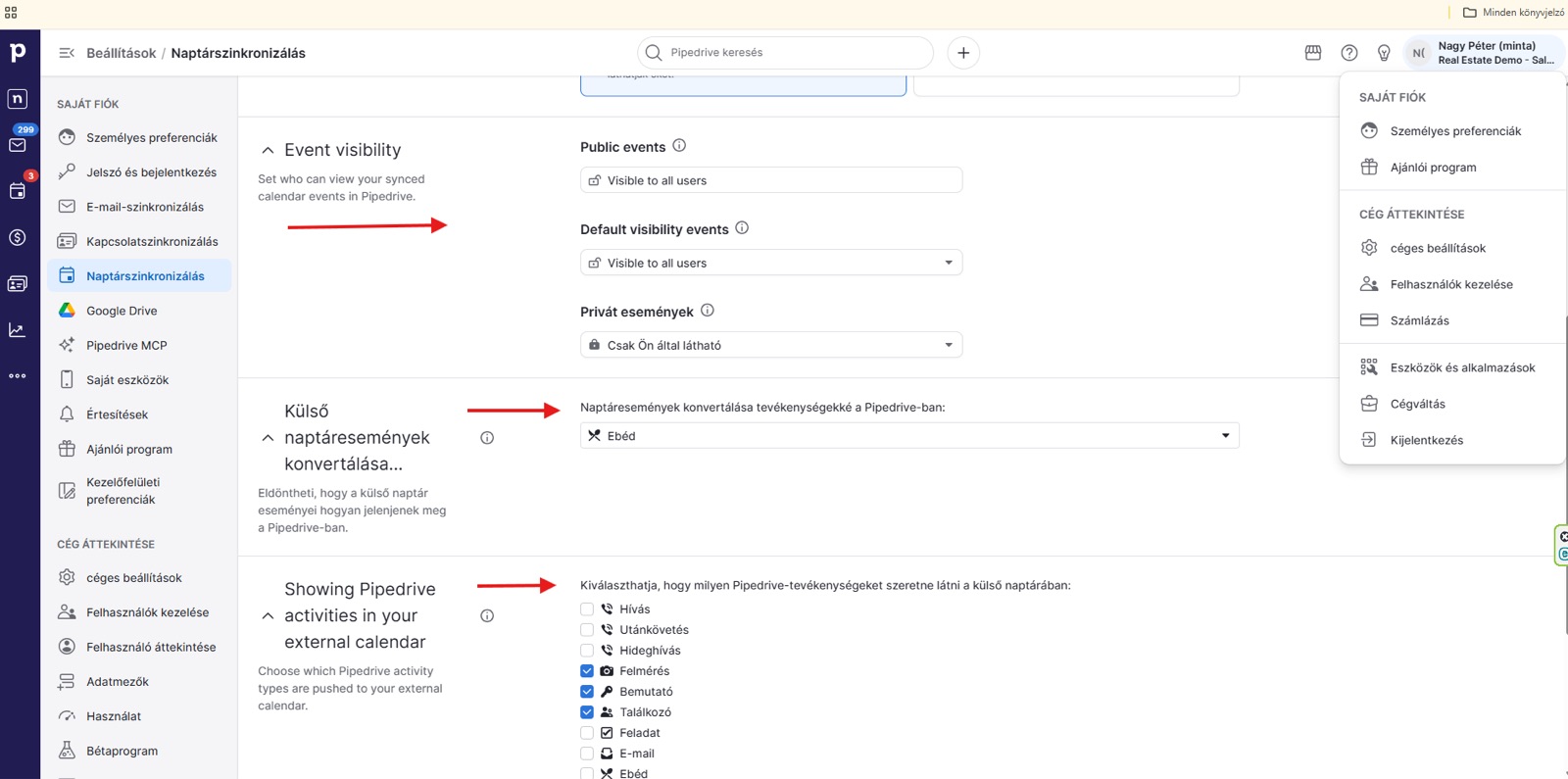 Naptár szinkronizáció beállítása a Pipedrive-ban