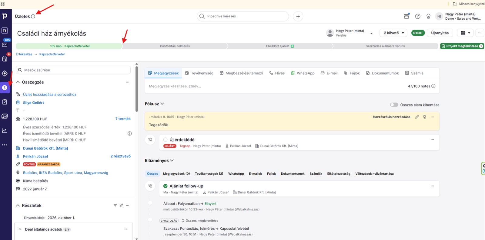Egy üzlet adatlapja a Pipedrive-ban
