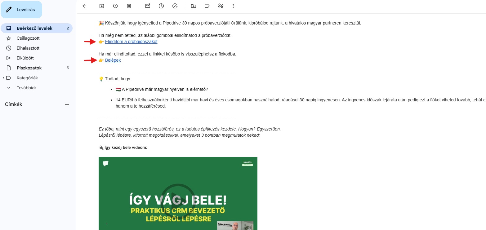 A Sales & Workflow visszaigazoló e-mailje a próbaidőszak indítólinkjével
